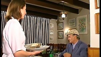 French Brunette Enjoys A Threesome In A Restaurant With A Voyeuristic Older Man